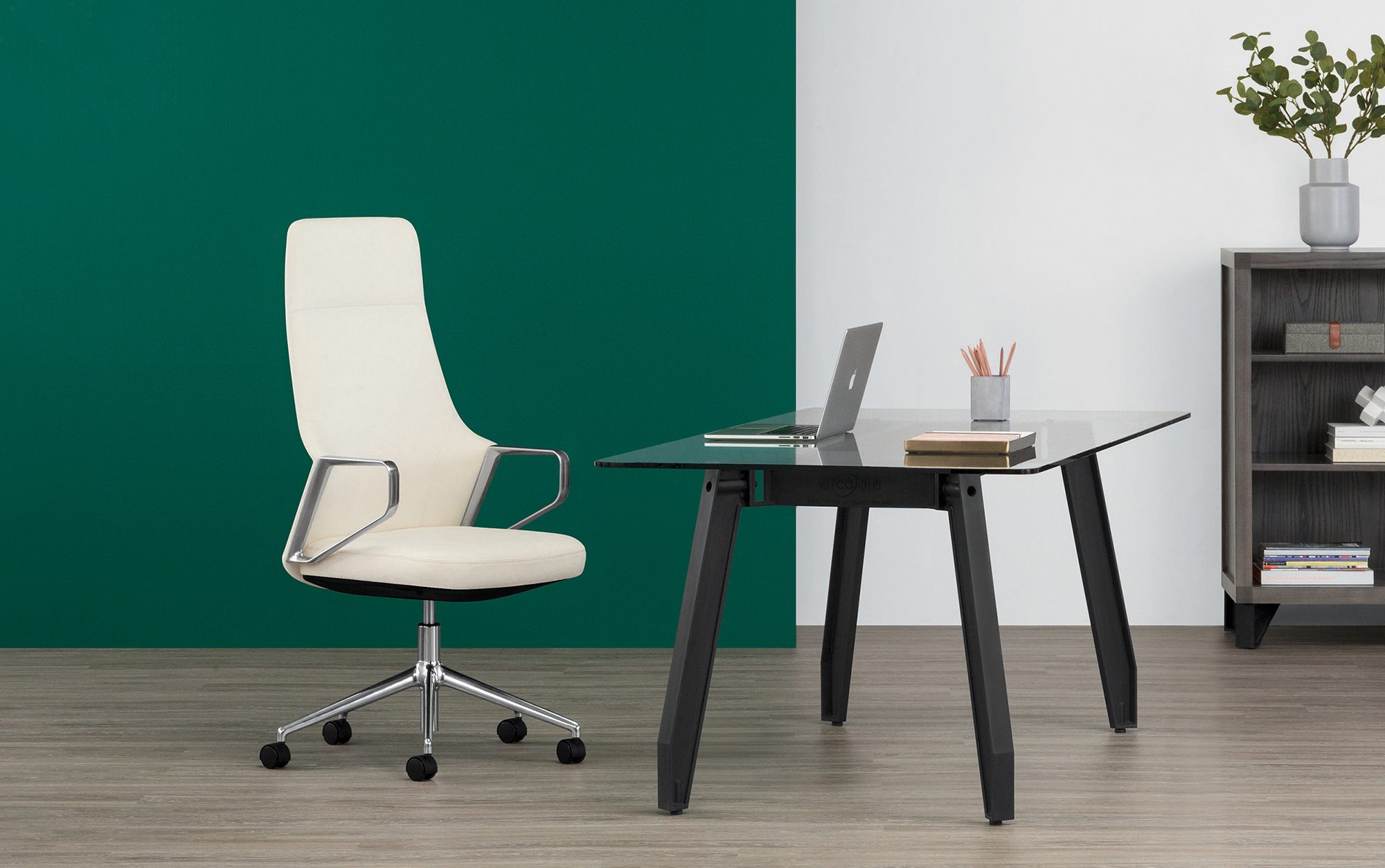 Faction High-Back Executive Chair with WorkSmith Glass-Top Table