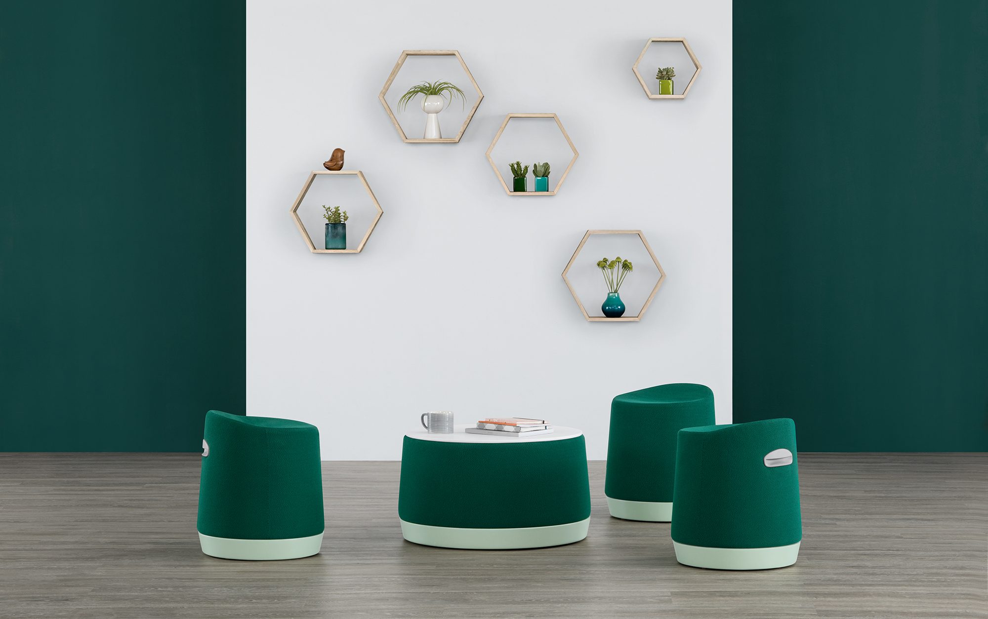 Loupe Stools and Table, Mint Bases